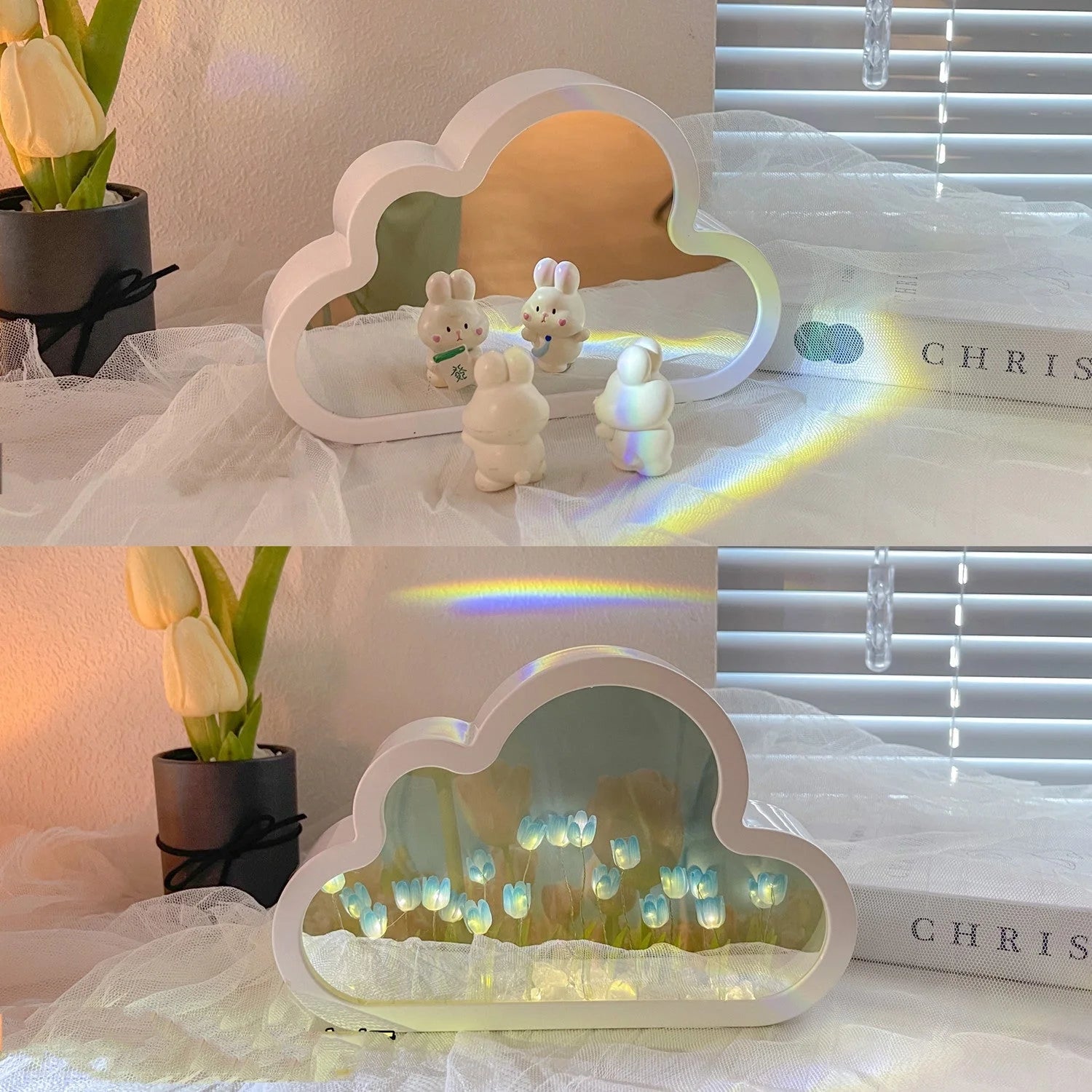 DIY Tulip Night Lamp in pink, purple, and blue with LED lights and decorative mirror feature