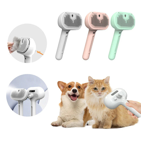 Versatile self-cleaning pet grooming brush with misting humidifier for removing tangles, mats, and loose fur from dogs and cats