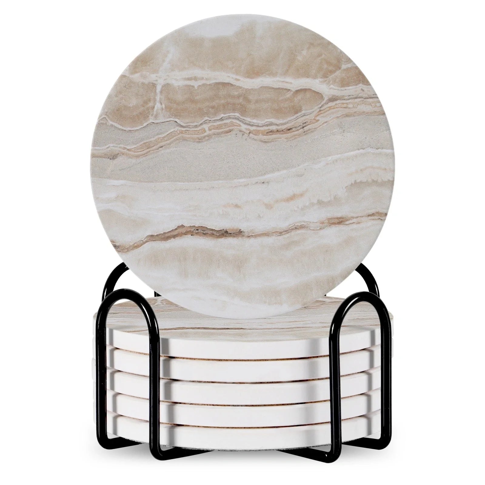 Set of 6 ceramic beverage coasters with metal stand and cork base, elegant and practical.