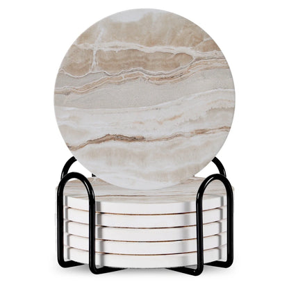 Set of 6 ceramic beverage coasters with metal stand and cork base, elegant and practical.