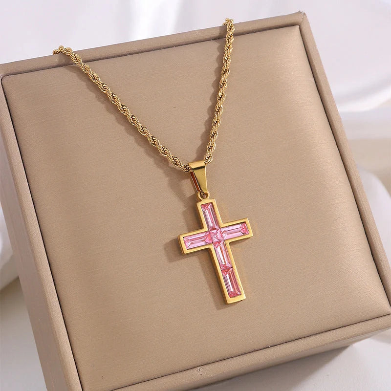 European and American style titanium steel diamond cross necklace with no colour fading