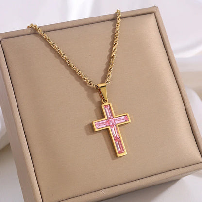 European and American style titanium steel diamond cross necklace with no colour fading