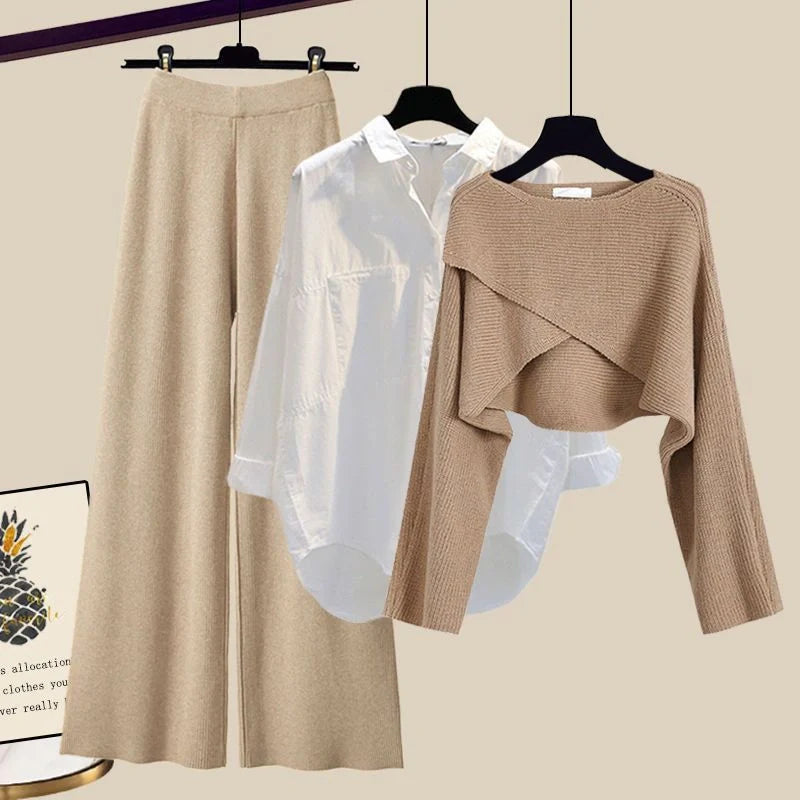 Women's 3-piece knitted sweater suit with shirt and wide leg pants in grey and white