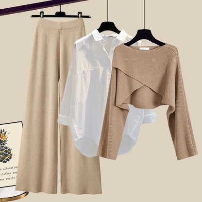 Women's 3-piece knitted sweater suit with shirt and wide leg pants in grey and white