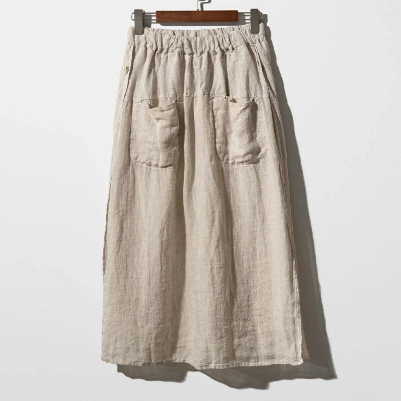 Elegant pure linen wide leg culottes with elastic waist and double pockets in summer colors