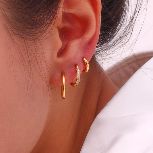 Women's titanium steel rounded edge zircon earrings in gold and steel finishes