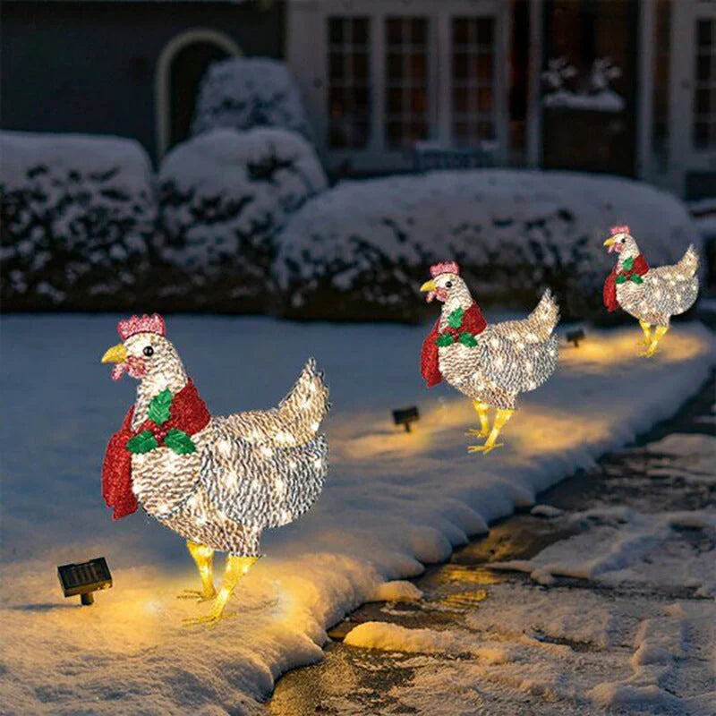 Decorated Christmas lantern with chicken design and scarf for garden decoration