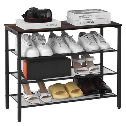 4-tier rustic wooden shoe rack with coat hook and grid design for hallway storage