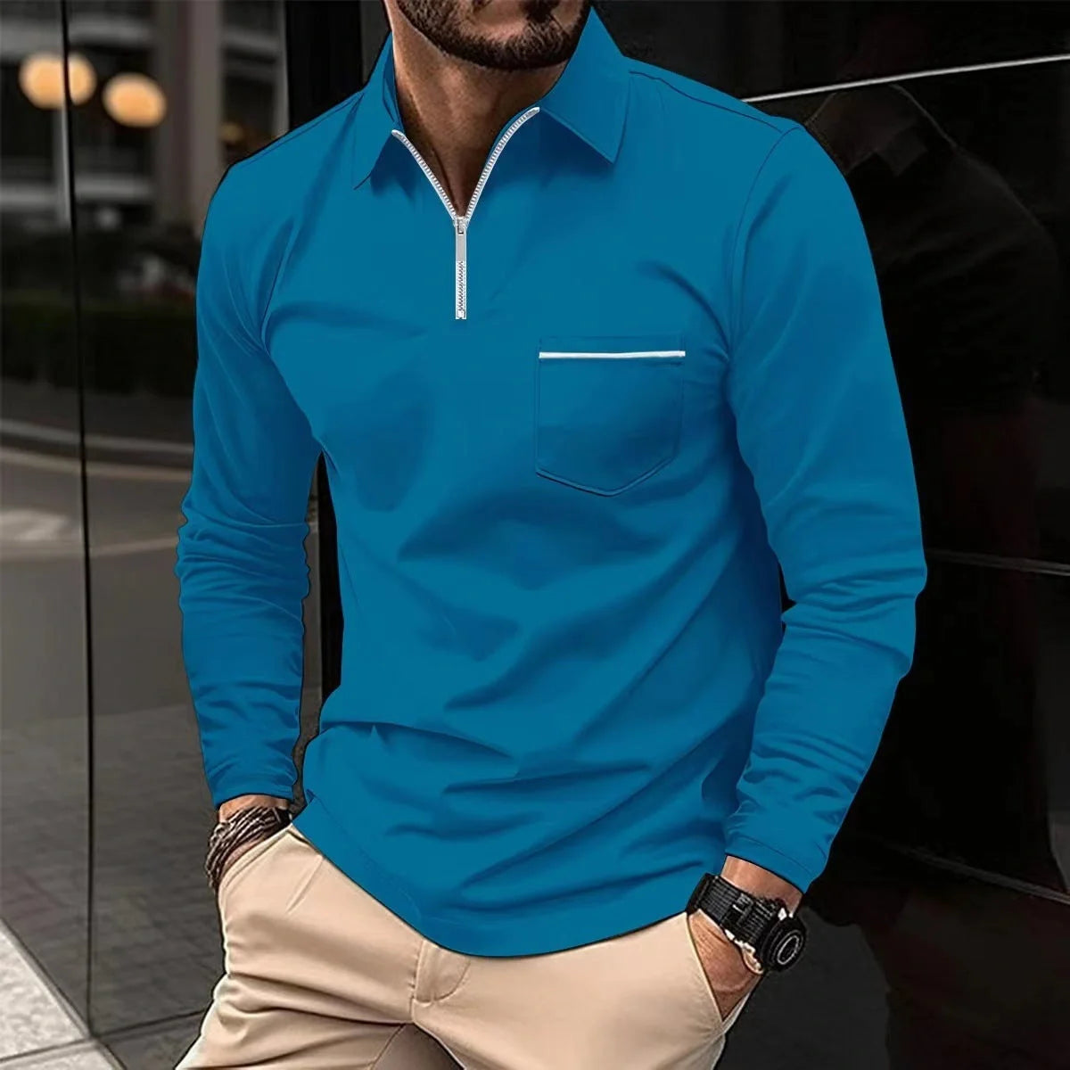 Men's long-sleeved sports polo shirt in various colours for athletic and casual wear