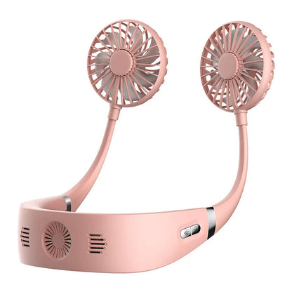 Adjustable hanging neck fan in black, pink, and white with USB charging