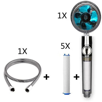 A high-pressure shower head with a stop button, cotton filter, and powerful water pressure for a luxurious bathing experience.