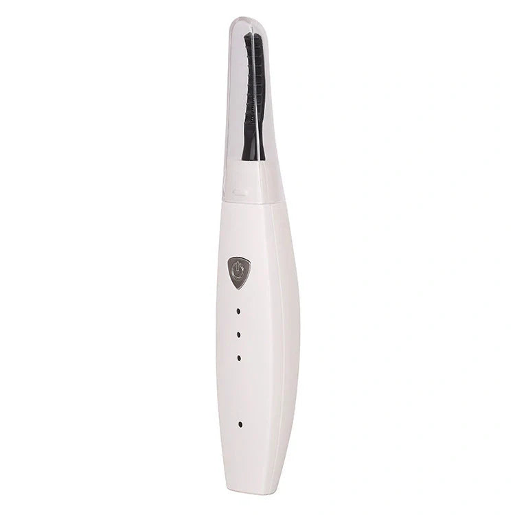 USB rechargeable electric heated eyelash curler in white, pink, black, and blue