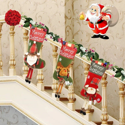 Extra-large Christmas stockings with 3D applique designs of Santa, Snowman, and Reindeer