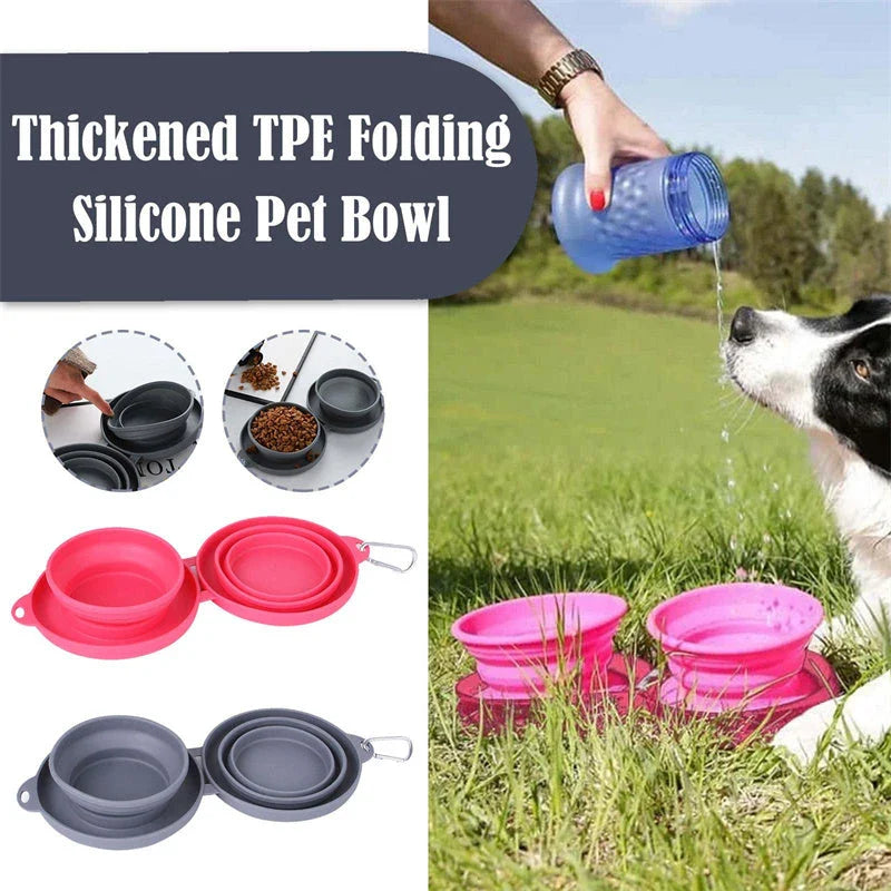 Collapsible pet bowls made of durable silicone with dual compartments and spill-resistant design for dogs and cats