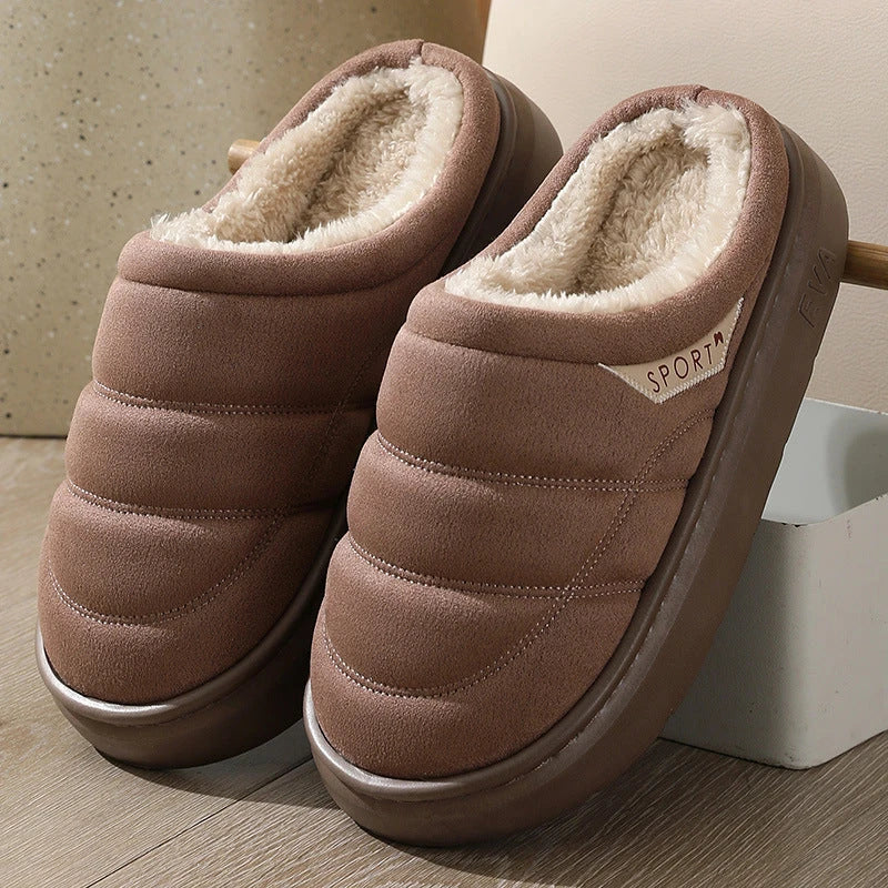 Cozy plush slippers with suede uppers, plush lining, and durable EVA soles for ultimate indoor comfort and warmth