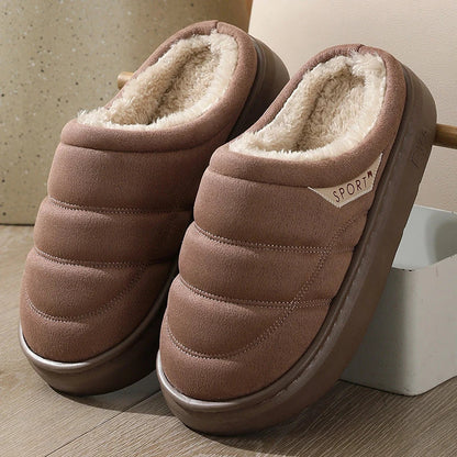 Cozy plush slippers with suede uppers, plush lining, and durable EVA soles for ultimate indoor comfort and warmth