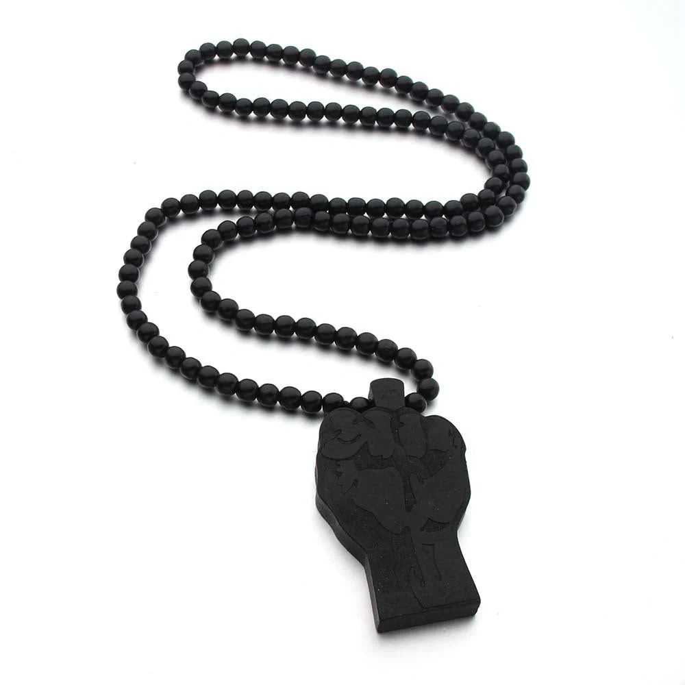 Fist wooden necklace with Hemu beads and 90CM chain for a comfortable fit