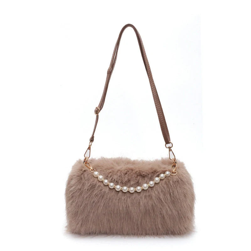 Plush pearl chain crossbody bag in various colours for autumn and winter fashion