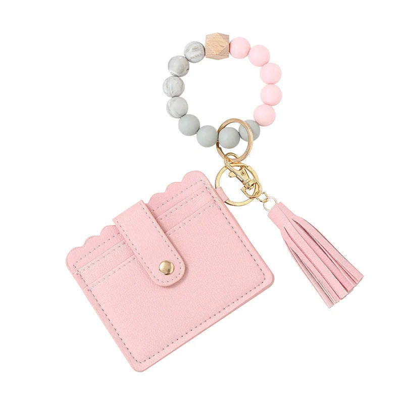 Women's silicone beads and PU tassel bracelet keychain in various colours