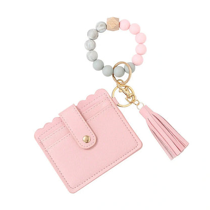 Women's silicone beads and PU tassel bracelet keychain in various colours