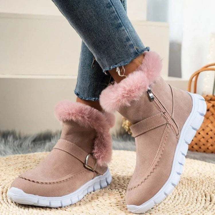 Cozy plush ankle boots in various colors with buckle detail and soft artificial fur lining