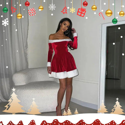 Women's Christmas costume Santa dress with plush trim, boat neckline, and off-shoulder sleeves for holiday parties and New Year's Eve