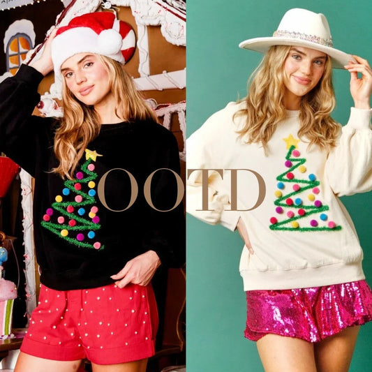 Cozy Christmas tree sweatshirt hoodie in black and milky white colors, with a loose, comfortable fit and long sleeves