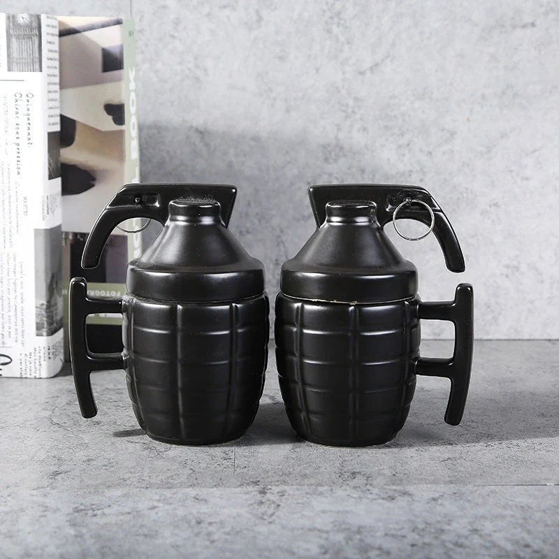 Grenade-shaped ceramic travel mug with secure lid, designed with a military-inspired style for use at home, work, or on the go