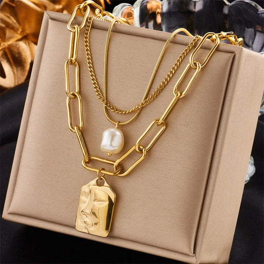 Layered face portrait chain choker necklace set with pearls for women