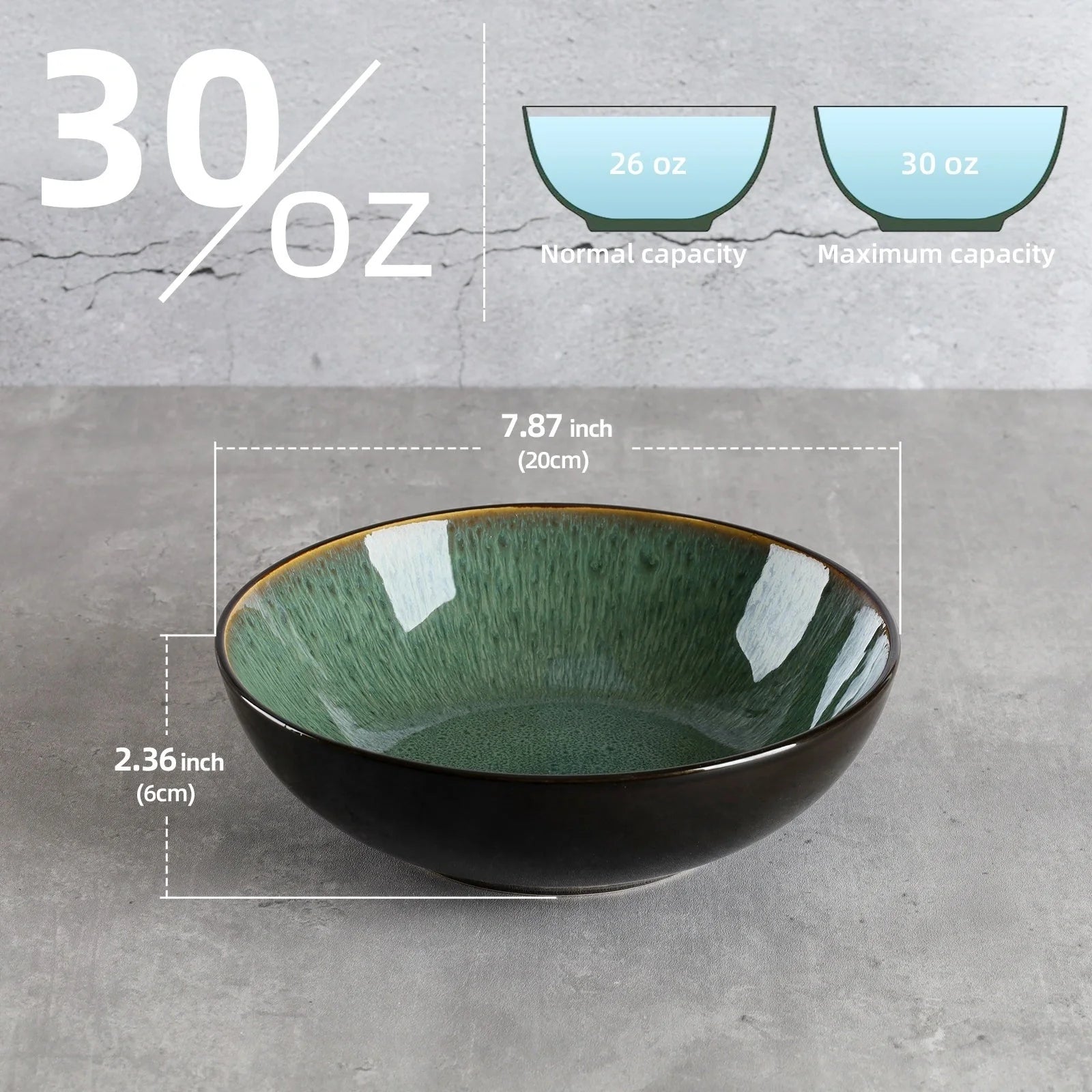 Set of four peacock green ceramic bowls with kiln change finish, 30oz capacity