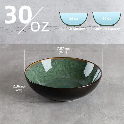 Set of four peacock green ceramic bowls with kiln change finish, 30oz capacity
