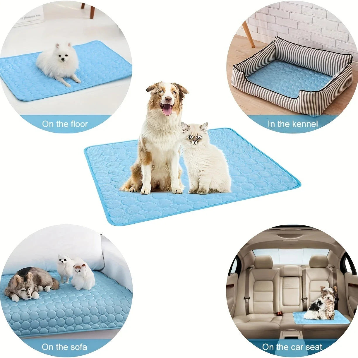 A cooling mat for pets in various sizes and colors, designed to provide refreshing comfort and temperature regulation.