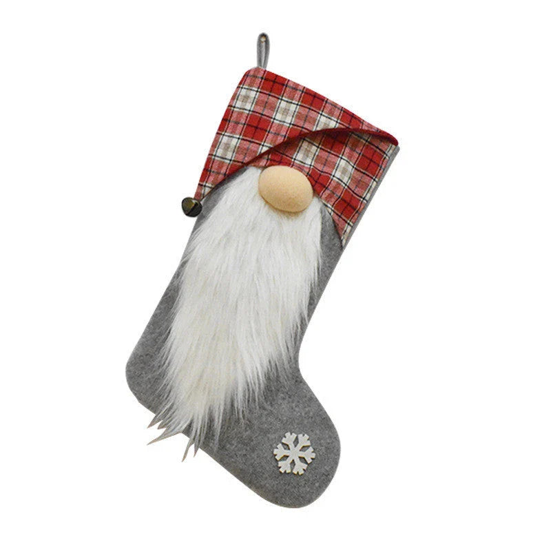 Premium Christmas stockings with plaid patterns and 3D Christmas dwarf designs, perfect for festive home decor