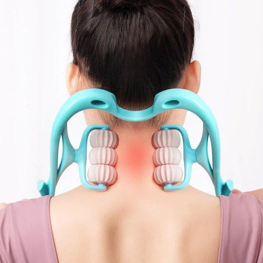 Ergonomic neck massager with six rolling balls for relieving muscle tension and soreness