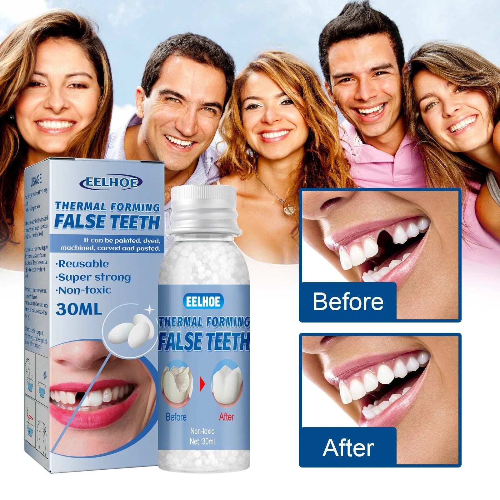 Premium cosmetic dentures for film and television use, available in multiple sizes and designed for discreet, customisable, and durable performance