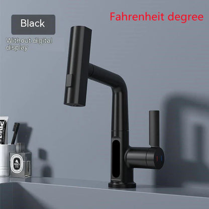 Versatile digital kitchen faucet with temperature display, 360-degree swivel, and pull-out design for enhanced maneuverability and precise water temperature control