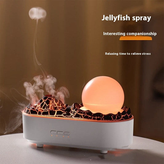 USB Volcano Humidifier on a desktop, emitting a heavy fog for air moisture