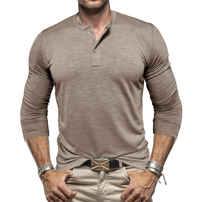Men's Long-sleeved Henry Collar T-shirt in slub cotton, available in multiple colours
