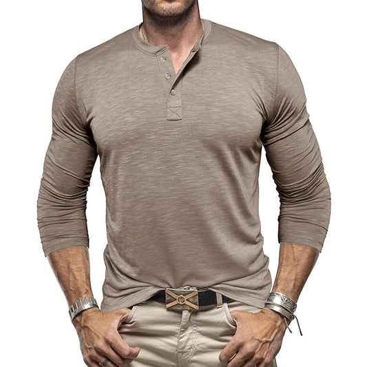 Men's Long-sleeved Henry Collar T-shirt in slub cotton, available in multiple colours