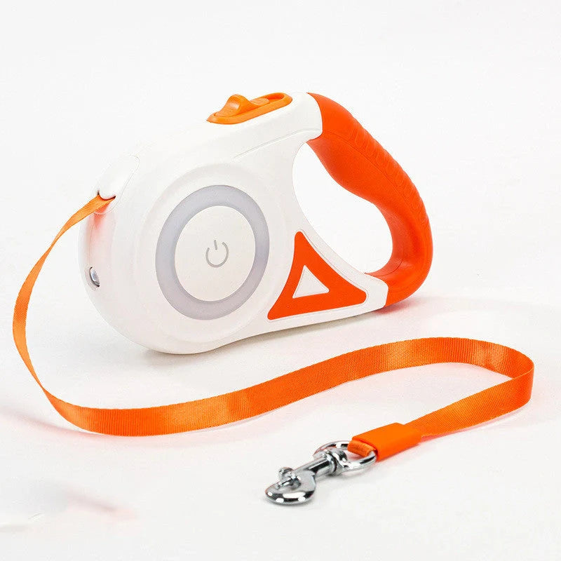 Retractable dog leash with automatic brake system in dream purple, sunshine orange, and mint green