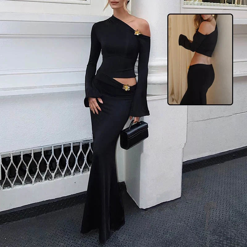 Women's black oblique shoulder skirt suit with floral bell sleeve top