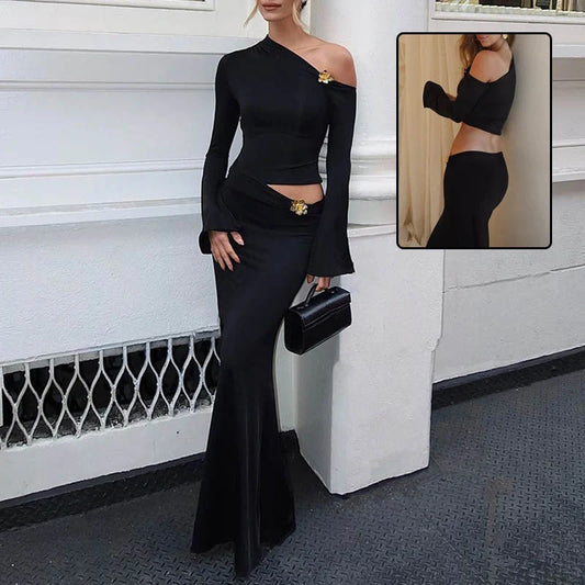 Women's black oblique shoulder skirt suit with floral bell sleeve top