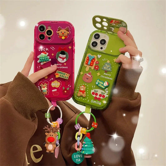 Festive Christmas Santa Claus Elk Hat Pendant Flip Phone Case for iPhone with 3D design
