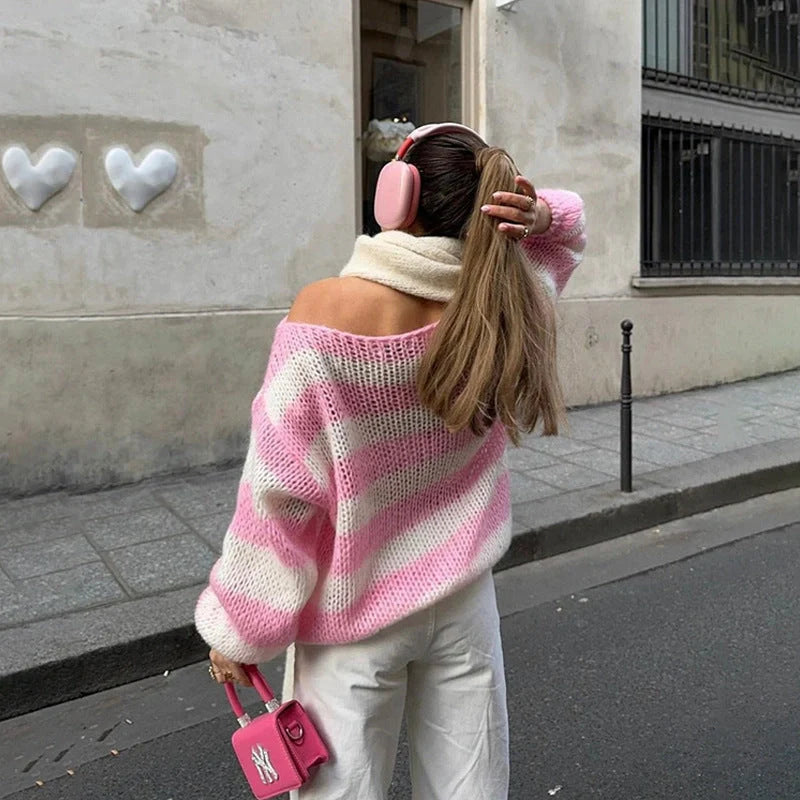 Stylish loose striped pullover sweater for women in various colours