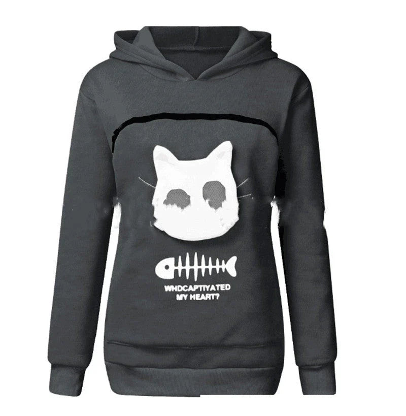 A stylish hooded jumper with a unique cat-themed pocket design, made from premium cotton fabric.