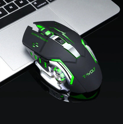 Wireless 2.4GHz optical gaming mouse with 2400 DPI precision, 6 programmable keys, and vibrant backlit design