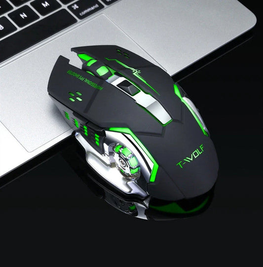 Wireless 2.4GHz optical gaming mouse with 2400 DPI precision, 6 programmable keys, and vibrant backlit design