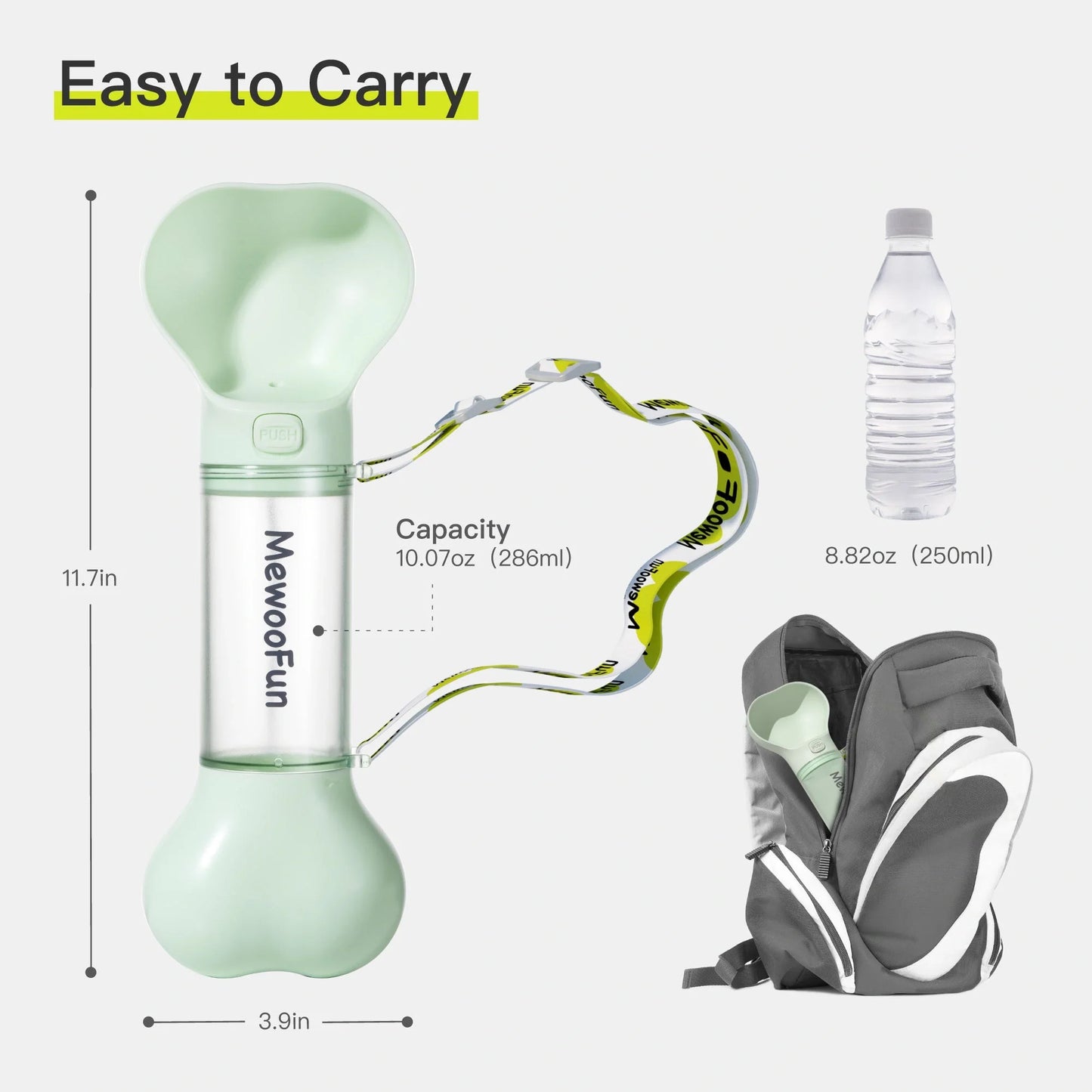 Mewoofun 2-in-1 leak-proof pet water bottle with adjustable strap and poop bag storage
