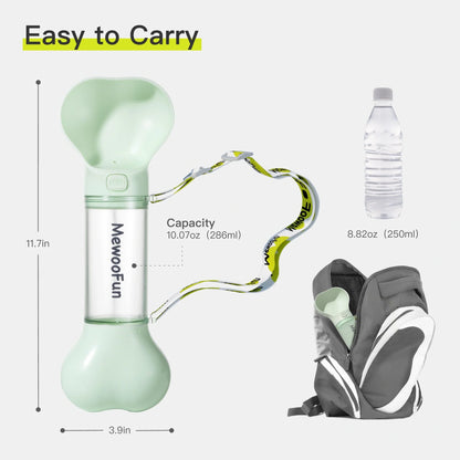 Mewoofun 2-in-1 leak-proof pet water bottle with adjustable strap and poop bag storage