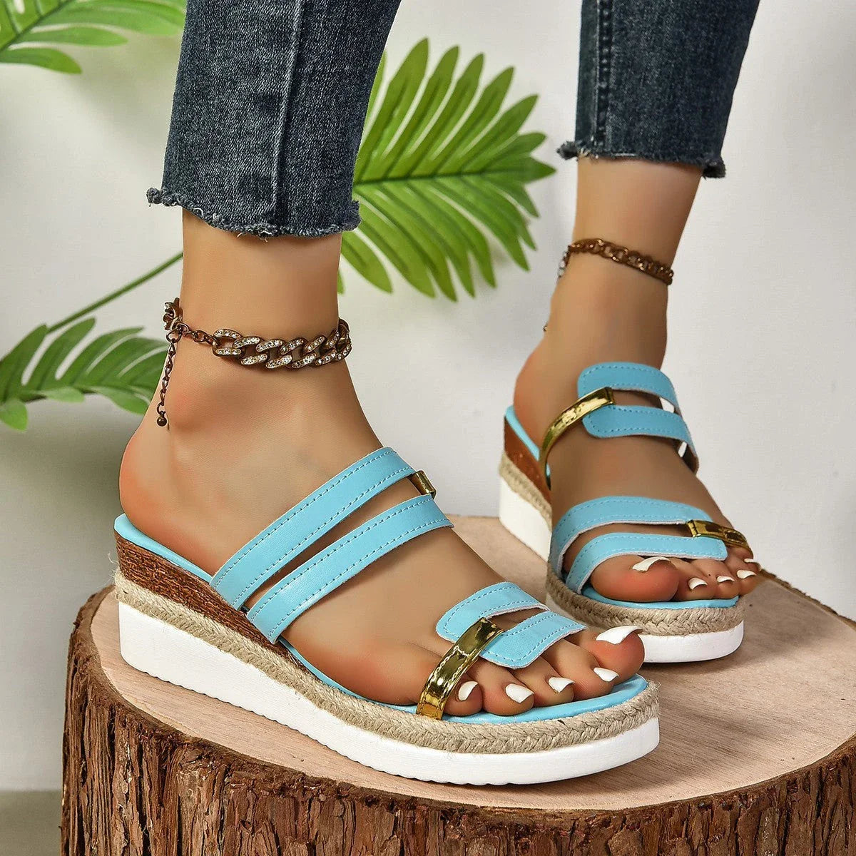 Colorblock wedge sandals with thick hemp sole, round toe, and slide-on style in a variety of vibrant summer colors